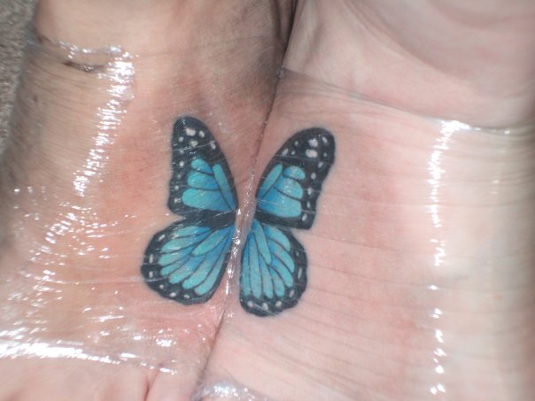 foot tattoo blue butterfly