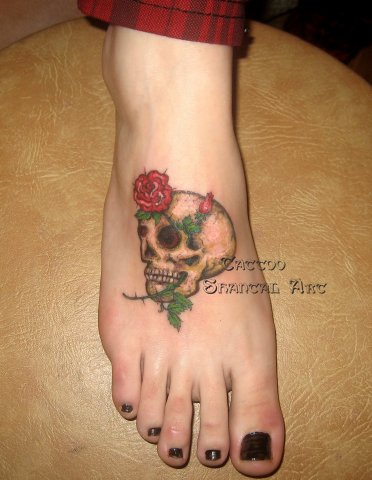 colored rose scull tattoo